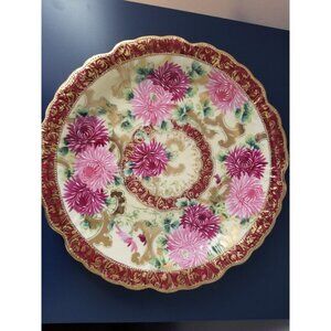 Antique JPL France Hand-Painted Porcelain Plate With Pink Chrysanthemums & Gold